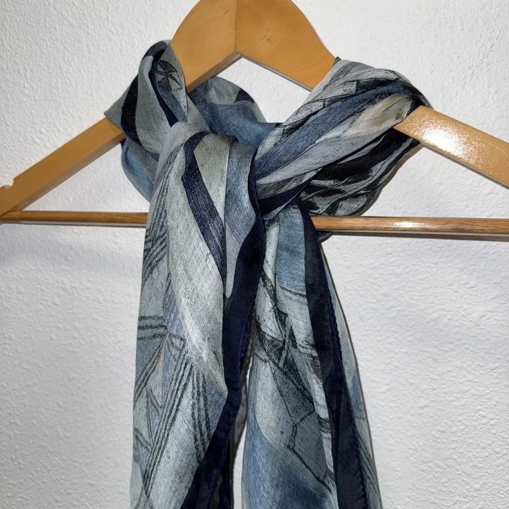 Women's Vintage KENZO‎ Light Silk Checked Checkered Scarf Wrap Blue Black White